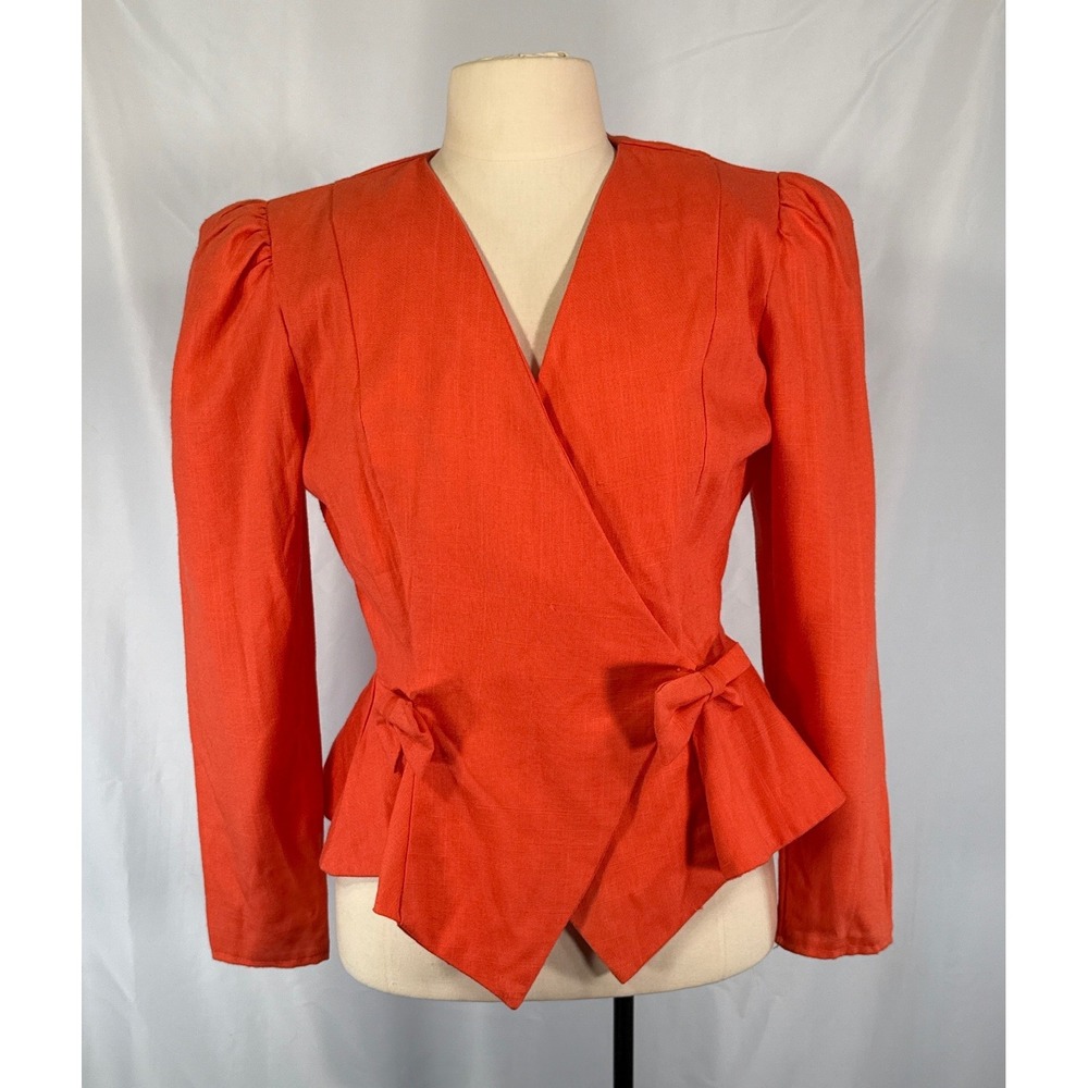 Miss Dorby Orange Peplum Wrap Blazer Puff Shoulder Top Blouse Size 10 Vintage‎
